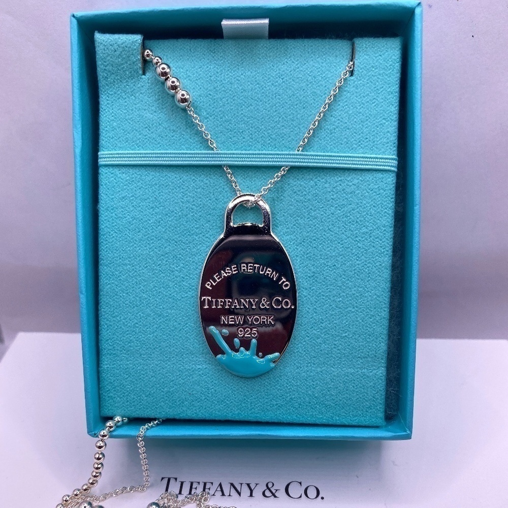 Tiffany & Co  oval splash large blue pendant 28”-30” multi bead New authenticity